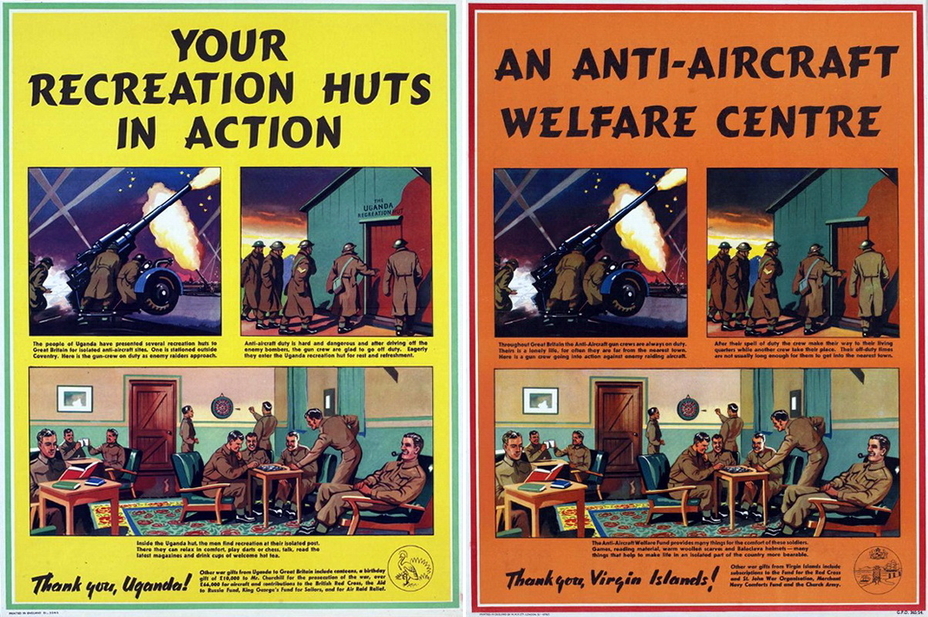 ​Anti-aircraft gunners were as important as fighter pilots. Therefore, these posters express thanks to the citizens of Uganda and the Virgin Islands for donations which were spent to build recreation huts and anti-aircraft welfare centres - Highlights for Warspot: Grateful Metropole | Warspot.net