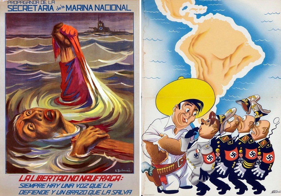 ​The left poster informs that the freedom did not die in the marine disaster. There are always helping hands for it. The right poster is totally different and depicts the traditional Mexican who is just about to kick the arses of the Nazis - Highlights for Warspot: Mexico at war | Warspot.net