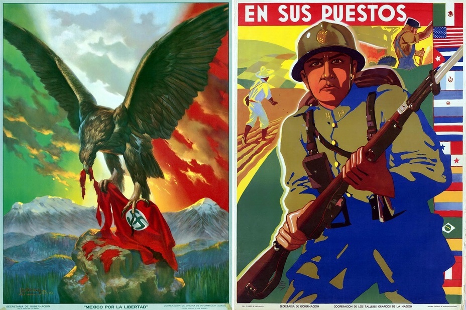 ​The left poster is stylized similarly to ones of World War I . The sentence “Mexico por la Libertad!” is translated as “Mexico for freedom!”  The poster on the right side informs that Mexico had made the right choice. The slogan «En sus Puestos» can be literally translated as “In the right place” - Highlights for Warspot: Mexico at war | Warspot.net