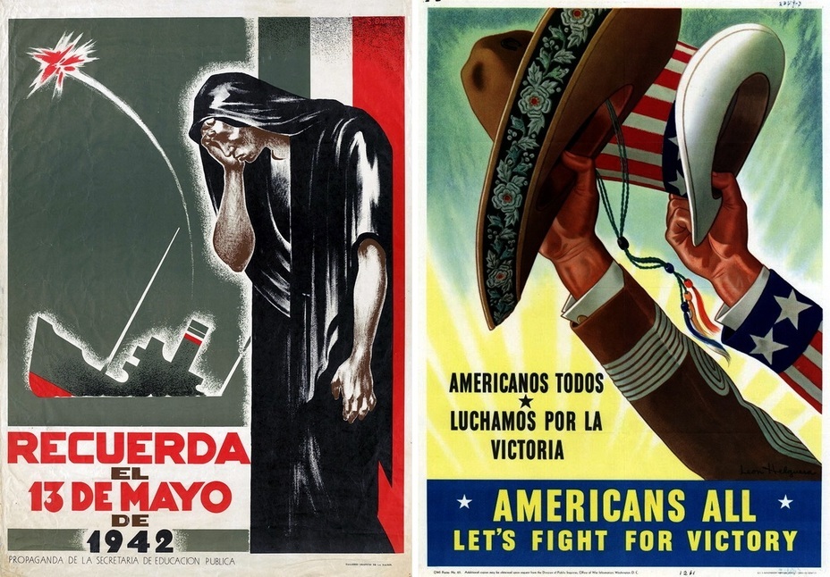 ​The left poster calls on us to remember 13th May 1942, the day when the Mexican tanker Potrero del Llano was torpedoed and sunk by a German U-boat off the coast of Florida. In the right poster, the slogans in two languages insist that all Americans should fight for victory and freedom - Highlights for Warspot: Mexico at war | Warspot.net