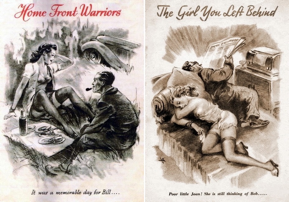 ​On the left is a postcard of the “Home Front Warriors» series: “It was a memorable day for Bill…”. On the right is a postcard of the “The Girl You Left Behind” series: «Poor little Joan! She is still thinking of Bob….” - Funny pics Warspot: A low blow | Warspot.net