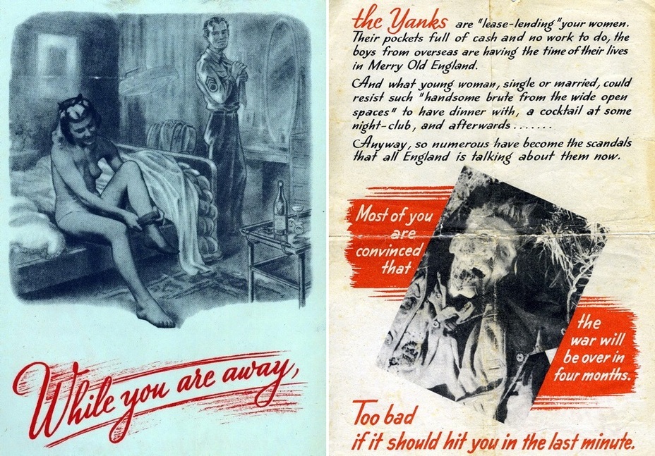 ​The two sides of a card for British soldiers: “While you are away, the yanks are “lease-lending” your wife. Their pockets full of cash and no work to do, the boys from overseas are having the time of their live in Merry Old England.” The postcard also says that the war is about to end, and it would be too bad to die at the last moment… - Highlights for Warspot: A low blow | Warspot.net
