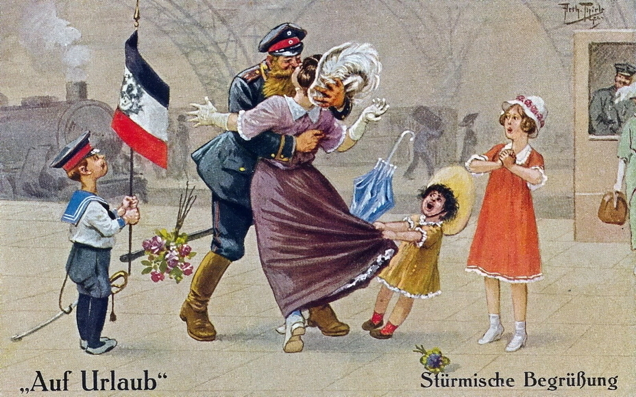 ​"A stormy welcome" (Stürmische Begrüßung). That's how a real front-line soldier meets his wife! The youngest daughter, however, seems to have forgotten her father and got scary - Highlights for Warspot: Landsturm on vacation | Warspot.net