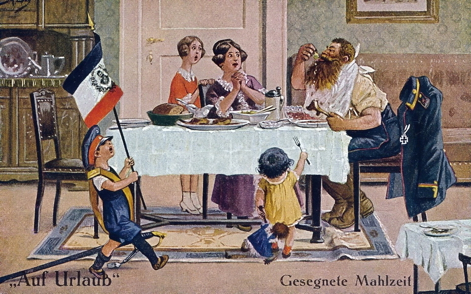 ​"A blessed meal" (Gesegnete Mahlzeit). The homesick Landsturmer, who missed the homemade food, shows an outstanding appetite — and the food situation in the country is clearly behind the scenes. An offspring with his father's cap and saber marches around the room under the flag with a portrait of the Kaiser - Highlights for Warspot: Landsturm on vacation | Warspot.net