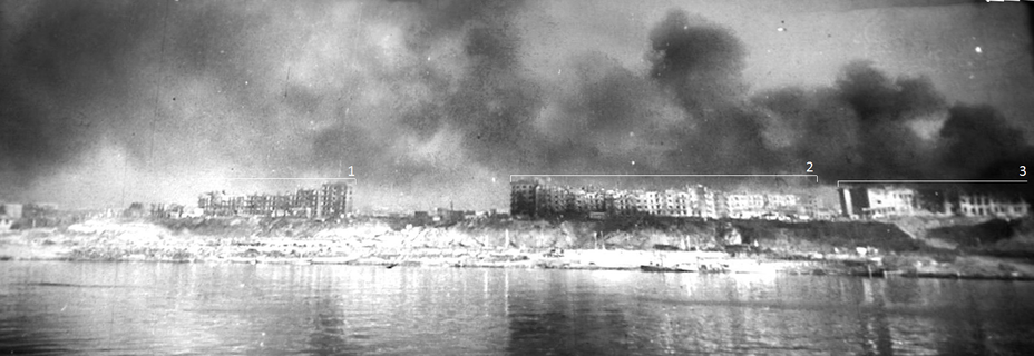 ​A shot from Soviet newsreels: the Volga bank just south of the Salt pier. Buildings in the photo: 1. and 2. Complex of buildings, the so-called «Specialist houses», which were captured by a battalion of the 71st Infantry Division on September 14 and held by the Germans until the end of the fighting in the city. 3. The building of the State Bank (Gosbank) will change hands in the September fighting, but as a result will remain German - Unknown Stalingrad: Enemy at the Gates | Warspot.net