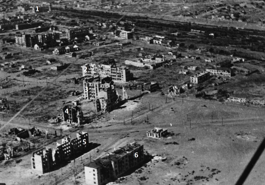 ​In the foreground is Ninth January Square, the area of ​​operations of the 3rd Battalion of the 42nd Guards Regiment  1. In the distance looms the central station of Stalingrad, where the 1st Battalion of 42 GRR held positions 2. Building of School number 6 3. Ruins of the six-story building of Oblpishcheprom, better known as the Voentorg 4. Remains of the adjacent «house of metalworkers» 5. House of Sovpartkontrol, known in the divisional reports as «Zabolotny’s House» 6. House of Oblpotrebsoyuz, better known as «Pavlov's House» - Unknown Stalingrad: «Grenade, Grenade, My Grenade…» | Warspot.net