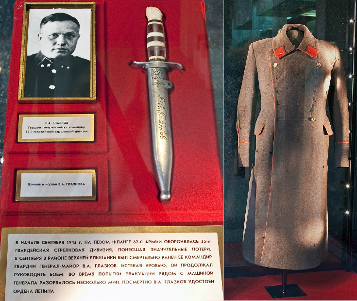 ​Guard Major General Vasily Andreyevich Glazkov, killed in battle on September 8, 1942. The overcoat of the general with numerous bullet holes was found in 1943 in a clothing store near the Voroponovo station, in 1957 it was identified by the wife of the general. Now the overcoat is stored in the museum-panorama «Battle of Stalingrad». - Unknown Stalingrad: The Elevator | Warspot.net