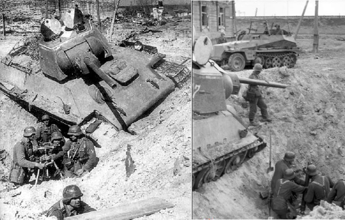 ​Two well-known photos of one place: a funnel with a German mortar crew on Yeletskaya Street. The photo on the right shows the high railway embankment dividing the Voroshilov district. The «Thirty-four» tank is most likely from the 26th Tank Brigade - Unknown Stalingrad: The Elevator | Warspot.net