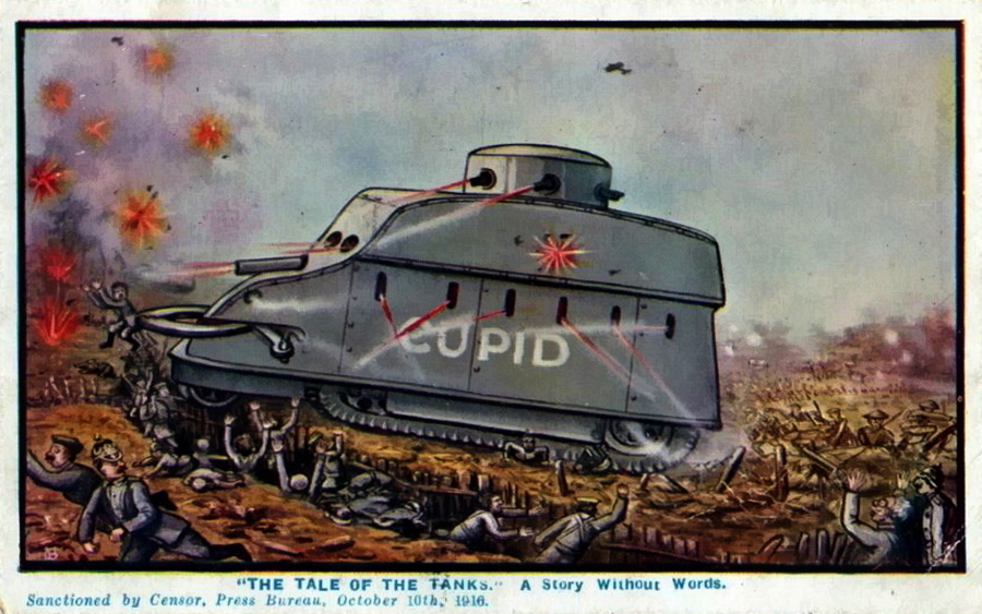 ​Cupid Bringing Love. This postcard entitled "The Tale of Tanks. A story without words» was approved by the British military censorship on October 10, 1916. Except for the terrible scissor manipulators, the artist conveyed the concept of a tank quite adequately - Highlights for Warspot: Daddy Byng's Boys | Warspot.net