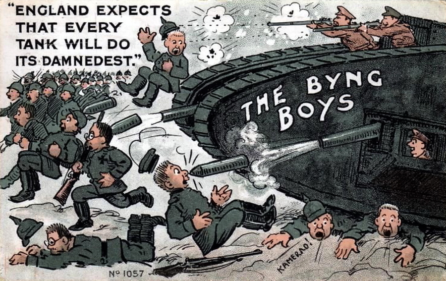 ​A year later, postcards with tanks became widespread. The inscription on the tank reads «Byng Boys» — in honor of the commander of the British 3rd Army, General Julian Byng, in the sector of which on November 20, 1917, during the Battle of Cambrai, the first massive tank offensive in history was launched. At that time about 400 vehicles went into battle simultaneously. The text on the left side of the postcard is an allusion to Nelson's words before Trafalgar. Back then the signal «England expects that every Man will do his Duty» was raised on the flagship. For the postcard, the text was slightly corrected: «England expects that every Tank will do its Damnedest» - Highlights for Warspot: Daddy Byng's Boys | Warspot.net