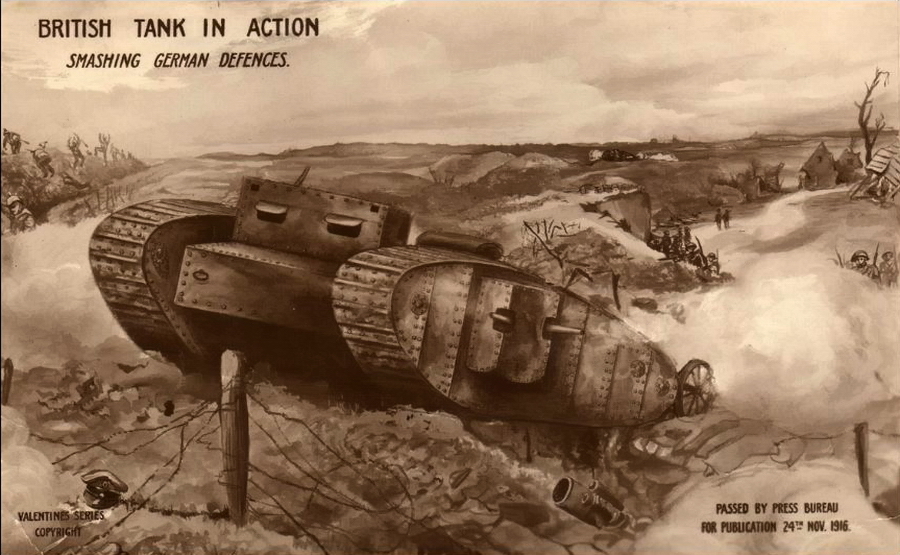 ​“British tank in action. Smashing German defences." A postcard on which tank is drawn quite accurately, approved by censorship on November 24, 1916 - Highlights for Warspot: Daddy Byng's Boys | Warspot.net