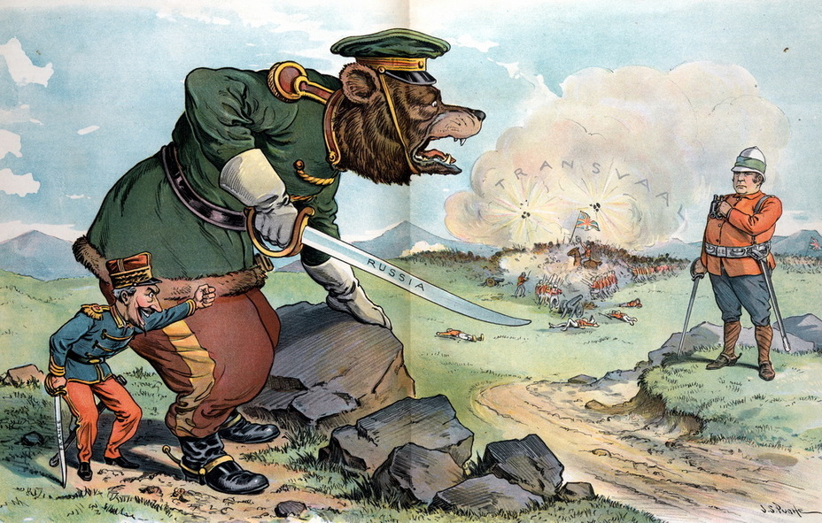 ​“Reckless Challenge”. France threatens to set a Russian bear on the English John Bull, while a battle rages in the background with the inscription «Transvaal» (June 6, 1900) - Highlights for Warspot: the Russian Empire through the eyes of American cartoonists | Warspot.net