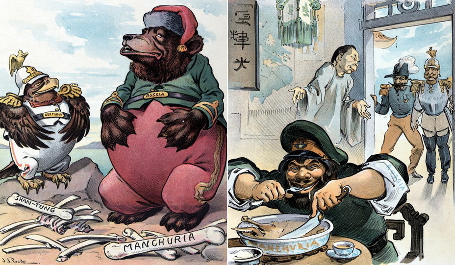 ​On the left: «Peaceful mood on a full stomach». A German eagle and a Russian bear rest after a meal. Bones are titled «Shan-Tung» and «Manchuria» — territories that fell into the sphere of interests of the two monarchies (April 9, 1902). On the right: «Who came first is served first." Russia eats from a bowl labeled «Manchuria» in a Chinese restaurant. In the background, China apologizes to French President Emile Loubet and Kaiser Wilhelm II (May 13, 1903) - Highlights for Warspot: the Russian Empire through the eyes of American cartoonists | Warspot.net