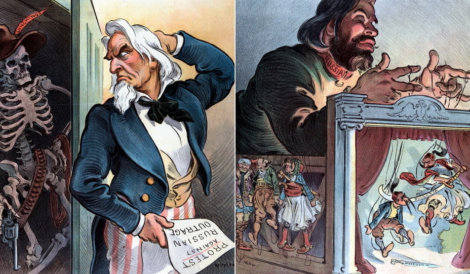 ​On the left: «Our skeletons in the closet». Uncle Sam is holding a piece of paper with the words «Protest against Russian Outrage», behind him is a cabinet with a skeleton entitled «Lynching." This refers to double standards regarding the anti-Semitic outrages in Russia (July 29, 1903). On the right: “He is now playing with Bulgaria. The performance that began under Peter." The Russian puppeteer plays with puppets with the words «Bulgaria» and «Macedonia», which fight with swords. On the side of the box there are dolls with the words «Rumelia», «Serbia» and «Romania» (October 7, 1903) - Highlights for Warspot: the Russian Empire through the eyes of American cartoonists | Warspot.net