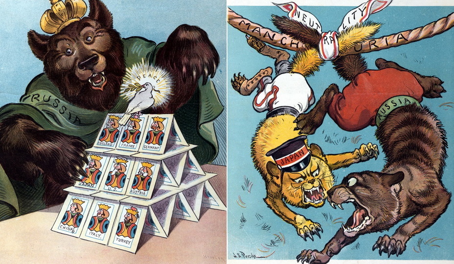 ​On the left: “House of Cards”. The Russian bear is about to break the fragile structure on which the dove of peace sits. Cards with monarchs and presidents depict England, France, Germany, Japan, USA, Austria, China, Italy and Turkey. The bear's claws touch the card with the inscription «Japan» (January 20, 1904). On the right: “East Kilkenny”. Two cats, Japan and Russia, are tied to a rope with the inscription «Manchuria» with a cloth entitled «Neutrality». Kilkenny cats are British folklore characters who lived in the British and Irish parts of the city, known for their deadly feud (March 16, 1904) - Highlights for Warspot: the Russian Empire through the eyes of American cartoonists | Warspot.net