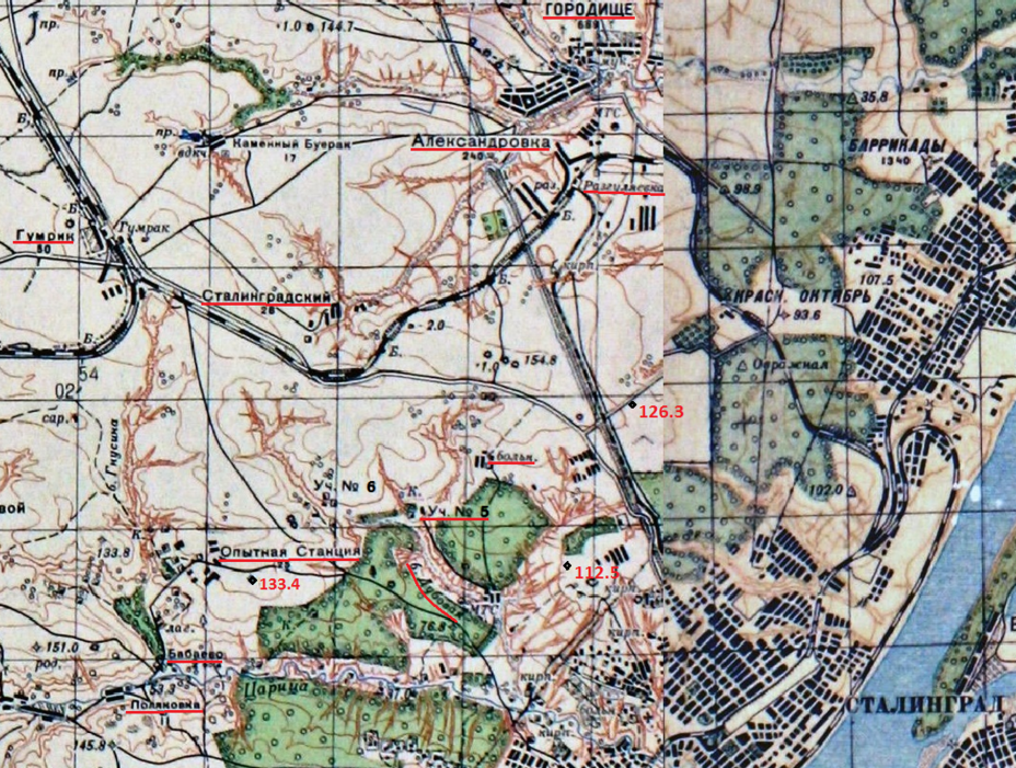 ​Red Army General Staff map from 1941, the settlements mentioned in the text are underlined. The heights which were plotted on a new map from 1942 are also provided (133.4). In the reports of the Soviet units, marks and designations of heights from both maps were used - Unknown Stalingrad: the Central Station | Warspot.net