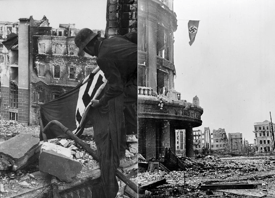 ​On September 26, the Germans crushed the last pockets of resistance in the area of the «Party Buildings» and at 12:00 the commander of 1st Battalion, 191st Regiment, 71st Infantry Division, Hauptmann Karl Fricke, personally hoisted a flag with a swastika on the ruined department store building. These ruins became the symbol of the defeated enemy for the division’s command - Unknown Stalingrad: the Central Station | Warspot.net