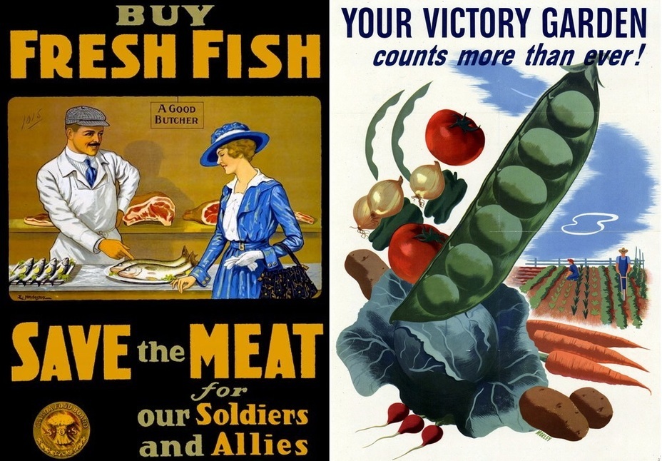 ​WWI Canadian poster (on the left) assures that buying fish helps to save meat for both Canadian and Ally soldiers. In turn American poster (on the right) created during WWII under «Victory gardens» campaign assures that growing peas, radish and cabbage during a war is important as ever. Can’t argue with that. - Highlights for Warspot: fish is the best meat | Warspot.net