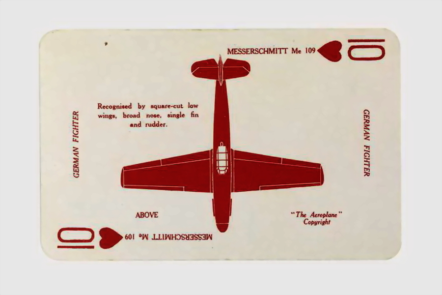 ​Late versions of playing cards for spotters became more practical. All kinds of flying exotics were excluded while the most common were depicted from different angles and got verbal descriptions – such as main German fighter «Messerschmitt» Bf 109 for example. However, not everything was smooth there – rounded nose of the late version mixed with squared wings of the early version (Imperial War Museums) - Highlights for Warspot: Patriotic Games | Warspot.net