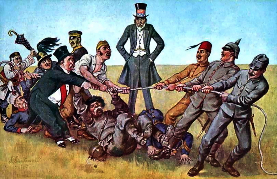 ​Uncle Sam calmly watching tug-of-war. Looking at daring shapes of Austria-Hungary, Germany and Ottoman Empire as well as their unattractive opponents, this cartoon has been drawn somewhere in Berlin or Vienna - Highlights for Warspot: dog neutrality | Warspot.net