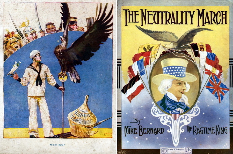 ​Cartoon from «Life» magazine on the left – Great Britain, Germany, Japan and Austria-Hungary eagerly watching American sailor who trying to choose between two birds – war eagle or peace dove. Cover of «The Neutrality march» music sheet on the right. Songs like «I Didn’t Raise My Boy to Be a Soldier» were trending. But different songs and marches are soon to become popular - Highlights for Warspot: dog neutrality | Warspot.net