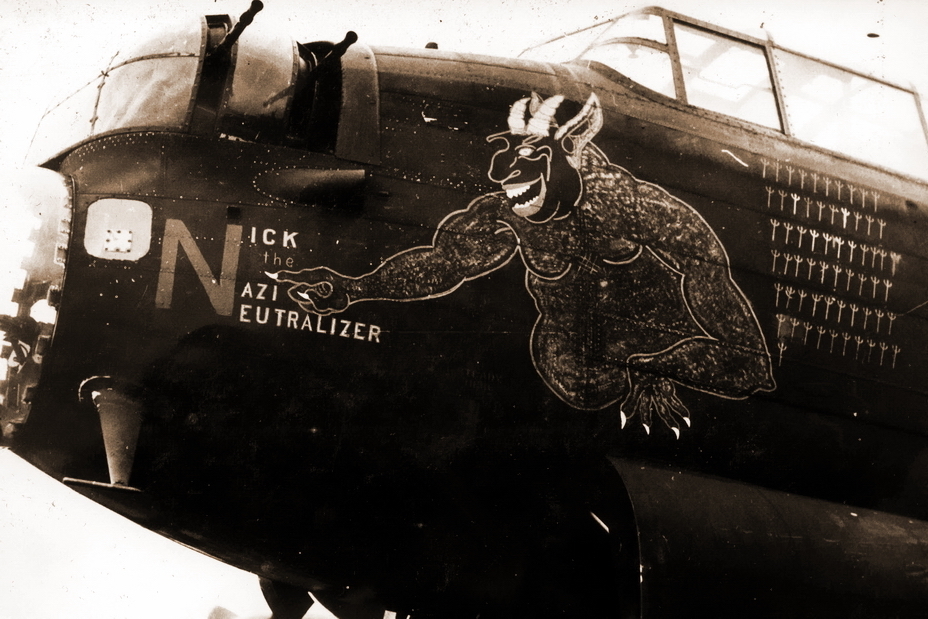 ​«Nick the Nazi Neutralizer». Lancaster’s Mk.I serial number LM130 squadron code «JO-N» nose art depicting hideous red demon and 62 victory markings in the form of a trident. Lost in crash due to mid-air collision with Hurricane on March 11, 1945 - Highlights for Warspot: uncle Joe’s nephews from Australia | Warspot.net