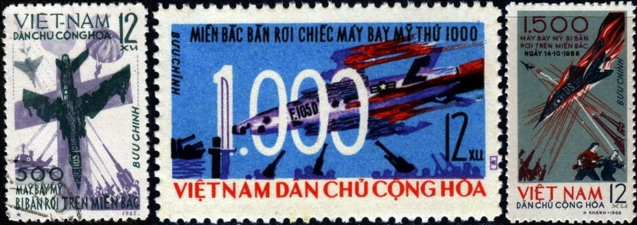 ​Stamps 1965-1966, dedicated to 500, 1000 and 1500 victories. In their propaganda posters and stamps, the Vietnamese made enemy planes quite recognizable, and so that there was no doubt, they also signed them. The first two stamps depict F-4 Phantom and F-105 Thunderchief - Highlights for Warspot: counting out loud | Warspot.net