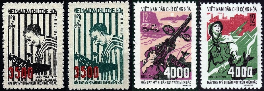 ​1972 striped stamps with 3500 mark depicts a captive American pilot in prison uniform. Score «4000» was already marked by traditional subjects — DShK and S-75, falling «Phantoms» and «Thunderchiefs» - Highlights for Warspot: counting out loud | Warspot.net