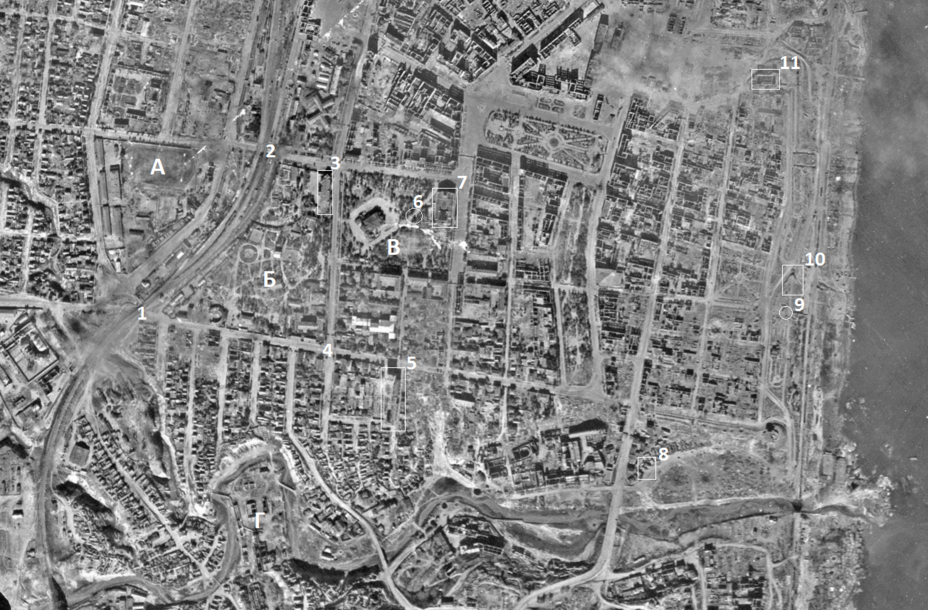 ​This aerial photo dated September 17, 1942 shows the following objects: a — Dynamo stadium, b — City Garden, c — Komsomol square, d — so-called. «Cotton factory». 1 — viaduct on Krasnoznamenskaya St, 2 — viaduct on Kubanskaya St, 3 — fire station (command post of the battalion from 272nd Rifle Regiment), 4 — intersection of Krasnoznamenskaya and Kommunist Streets, 5 — house «Inzhkoopstroy», 6 — GKO bunker (command post of 272nd Rifle Regiment), 7 — Gorky Drama Theater, 8 — command post of the 92nd Rifle Brigade, 9 — monument to Kholzunov, 10 — underground restaurant «Metro» (evacuation center No. 54), 11 — Palace of Physical Culture and Sports - Unknown Stalingrad: The City Garden | Warspot.net