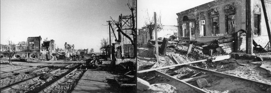 ​The picture shows Krasnoznamenskaya Street (intersection with Lomonosov Street), perspective towards the Volga. Soviet soldiers retreated to these positions after the Germans seized the building of «Inzhkoopstroy», from 24 to 25 September there was a front line here - Unknown Stalingrad: The City Garden | Warspot.net