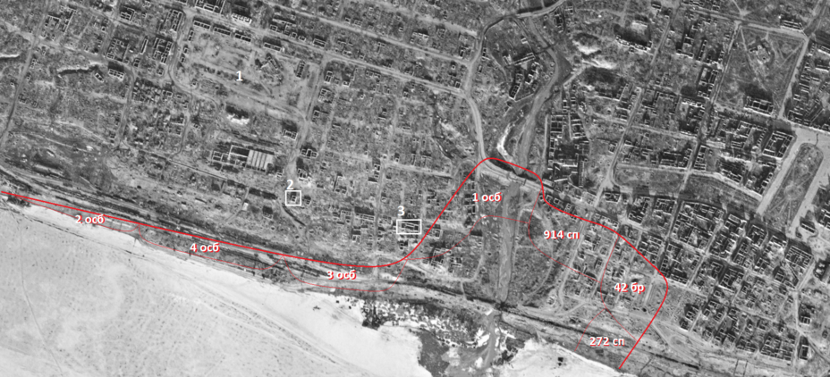 ​Scheme transferred to an aerial photo taken on March 29, 1943: the defense of Soviet units at 02:00 on September 26, 1942. The numbers indicate the objects mentioned in the radio communication: 1 — Market Square, 2 – Baths (the so-called «Tatar baths», current address 7B, Pugachevskaya Street), 3 — Hotel (the so-called «St. Petersburg rooms», the building has not survived) - Unknown Stalingrad: The City Garden | Warspot.net