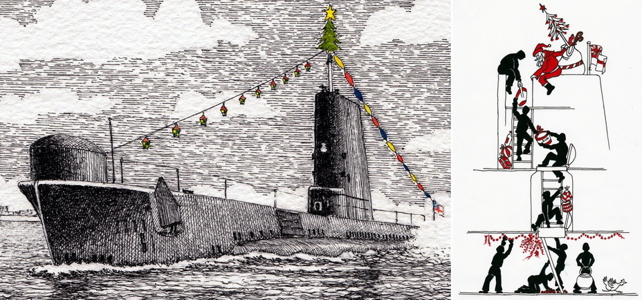 ​Improvised Christmas cards made by British submariners after the war. The right picture humorously shows the process of receiving gifts from Santa Claus on a submarine (https://www.rnsubmusfriends.org.uk) - Christmas under the periscope | Warspot.net