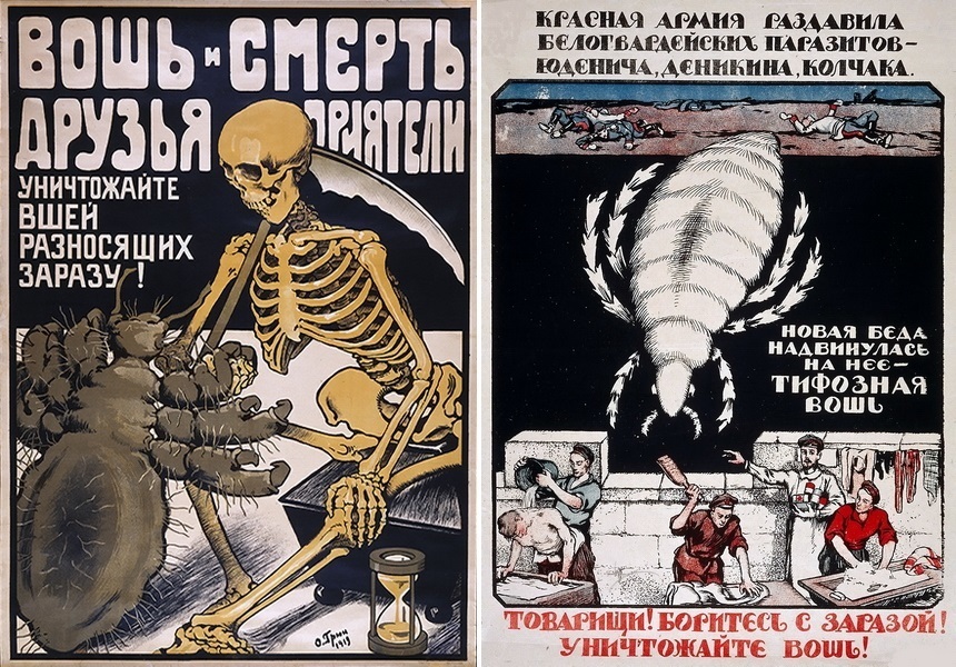 ​Two Soviet posters from 1919 — 1920 depicting the same idea in easy and illustrative graphical form:“ Louse and Dead are as thick as thieves. Kill lice carrying diseases!” “The Red Army crushed the With vermin – Yudenich, Denikin, Kolchak. And now, a new enemy, the body louse, is attacking. Comrades! Let’s defeat the enemy! Let’s kill the louse!” - Highlights for Warspot: eternal companions of soldiers | Warspot.net