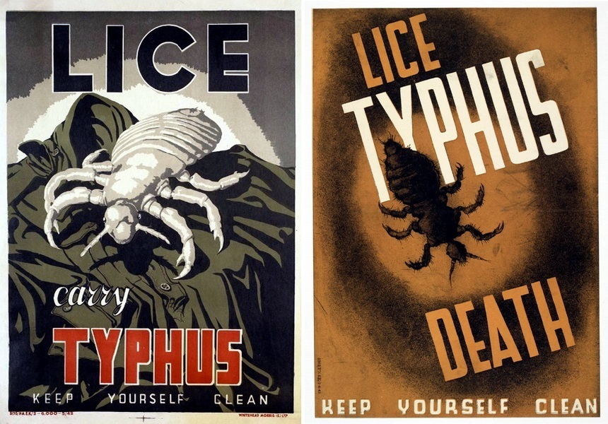 ​Two British World War II posters supporting the importance of personal hygiene and explaining that lice go hand-in-hand with typhus - Highlights for Warspot: eternal companions of soldiers | Warspot.net