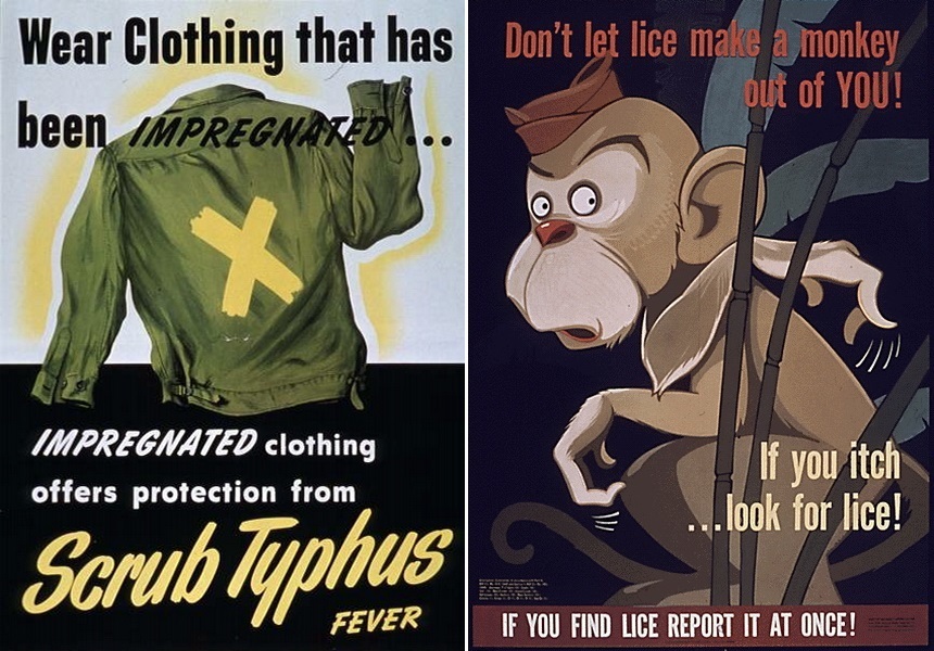 ​On the left, USA army poster from World War II suggesting that soldiers wear impregnated clothing. Such clothing offers protection from lice and the diseases they carry. On the right, the poster says:“ Don’t let lice make a monkey out of you”. It offers to report immediately if you itch or find lice - Highlights for Warspot: eternal companions of soldiers | Warspot.net