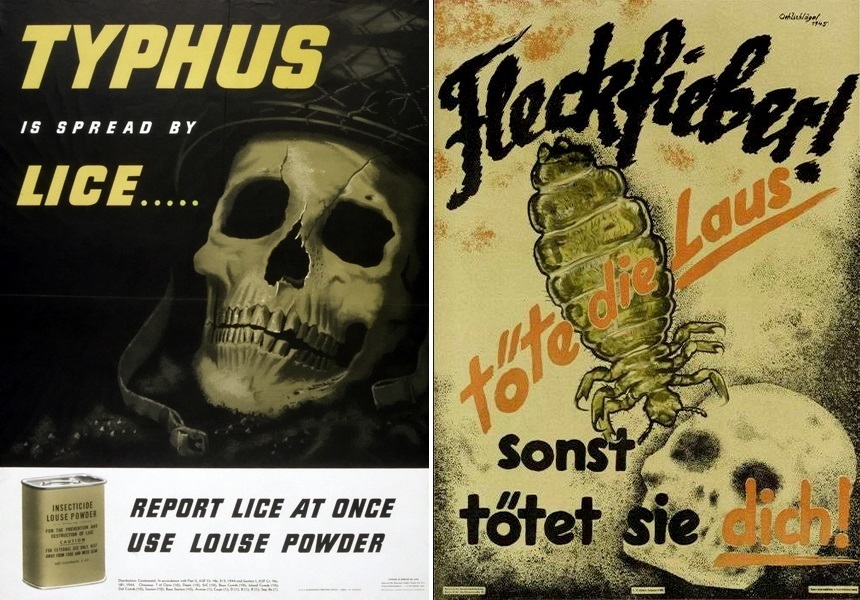 ​The American poster on the left recalls that typhus is spread by lice and offers to use louse powder. On the right, the poster issued in 1945 in Germany says: “Typhus! Kill lice or they will kill you”. - Highlights for Warspot: eternal companions of soldiers | Warspot.net