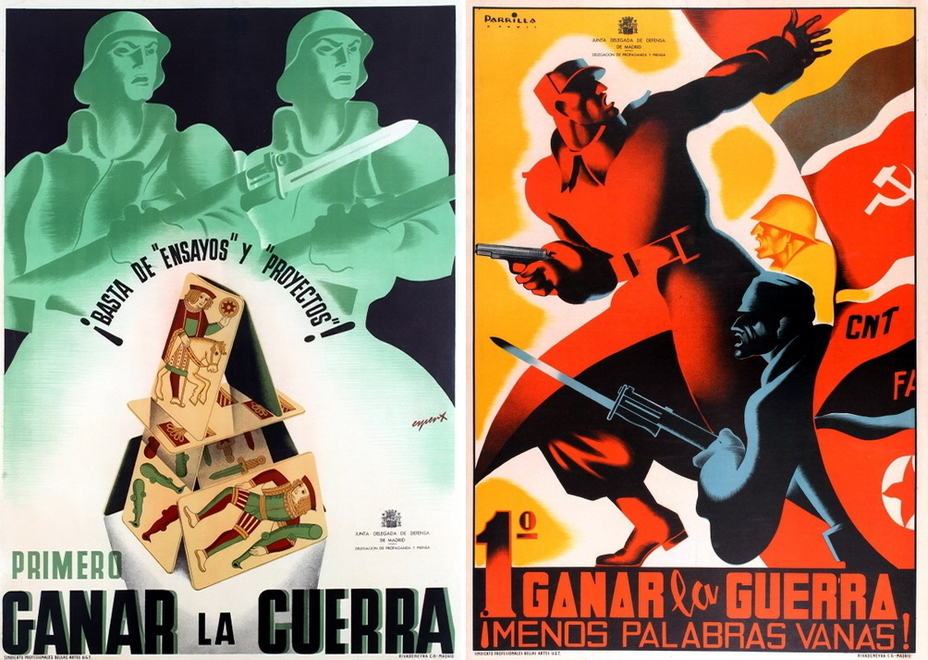 ​On the left: ”Enough projects and sketches! We must win the war now!” The poster dated 1936 and issued in Madrid, calls the left political parties to stand up for the defense of the capital. On the right: ”The first win in the war! Less talking, more doing!” The commander is leading the attack, the Spanish Republican flags and flags of left parties are in the background - Highlights for Warspot: The last romantic war | Warspot.net