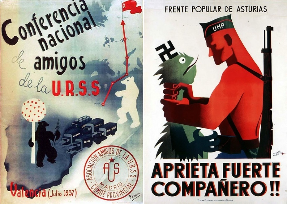 ​The left poster is devoted to a regional conference of the Association of Friends of the Soviet Union. The white Russian bear is sending food, weapons, and ammo to the black bear near the strawberry tree. Such a bear is depicted in Madrid’s coat of arms. In the right picture, the Asturian soldier is strangling the green reptile with a swastika above its head - Highlights for Warspot: The last romantic war | Warspot.net