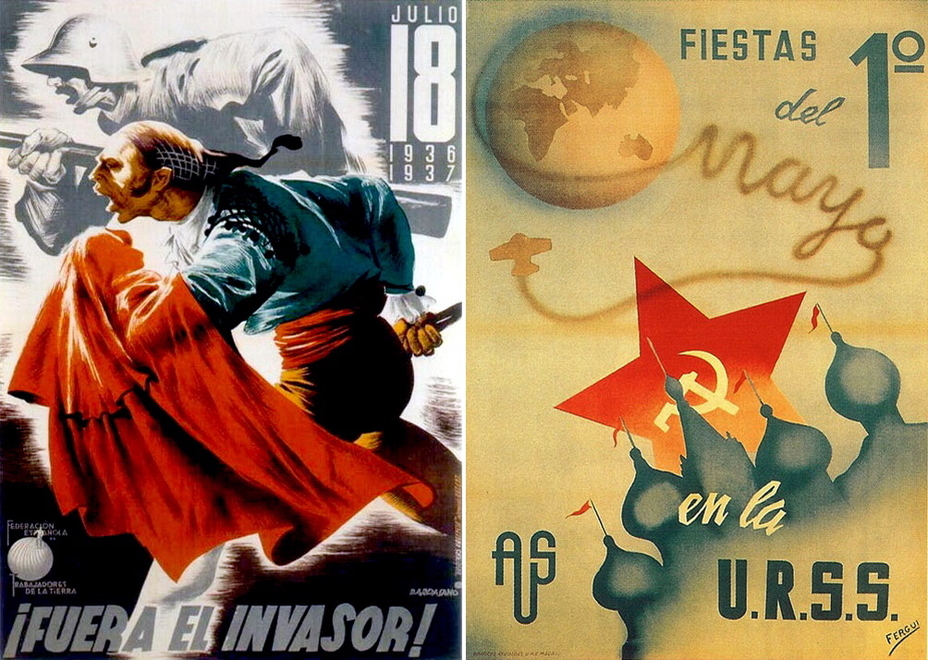 ​On the left:” The enemy is close!” The Republican propaganda tried to prove to the citizens that the war is not only civil but also against German and Italian invaders. The right poster created by the International Association of Friends of the Soviet Union informs of Labor Day. A very interesting detail are the red flags and church cupola highlighting that artist’s familiarity with the USSR is apparently a bit general - Highlights for Warspot: The last romantic war | Warspot.net