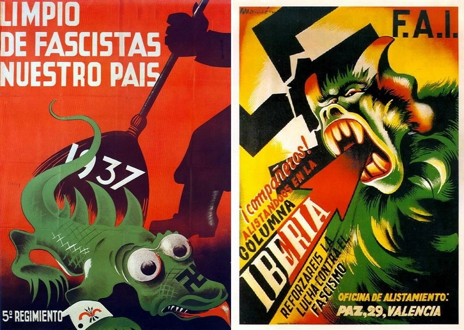 ​On the left picture:” Let's purify our country of fascists!” The soldier of the 5th Republican regiment sweeps away the green reptile with a swastika and the armband of the Falangists, the yoke and the set of arrows. On the right, there is a poster of the Iberian Anarchist Federation (Federación Anarquista Ibérica — FAI). An arrow colored in black and red kills the fascist beast. The Iberian anarchists did not cooperate with the Republican government, preferring to act independently - Highlights for Warspot: The last romantic war | Warspot.net