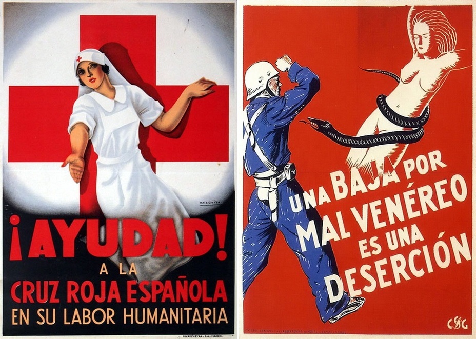 ​On the left poster, the Spanish Red Cross encourages help from indifferent people. The poster on the right equates venereal diseases with desertion. During World War II, similar ones will be issued in many countries - Highlights for Warspot: The last romantic war | Warspot.net