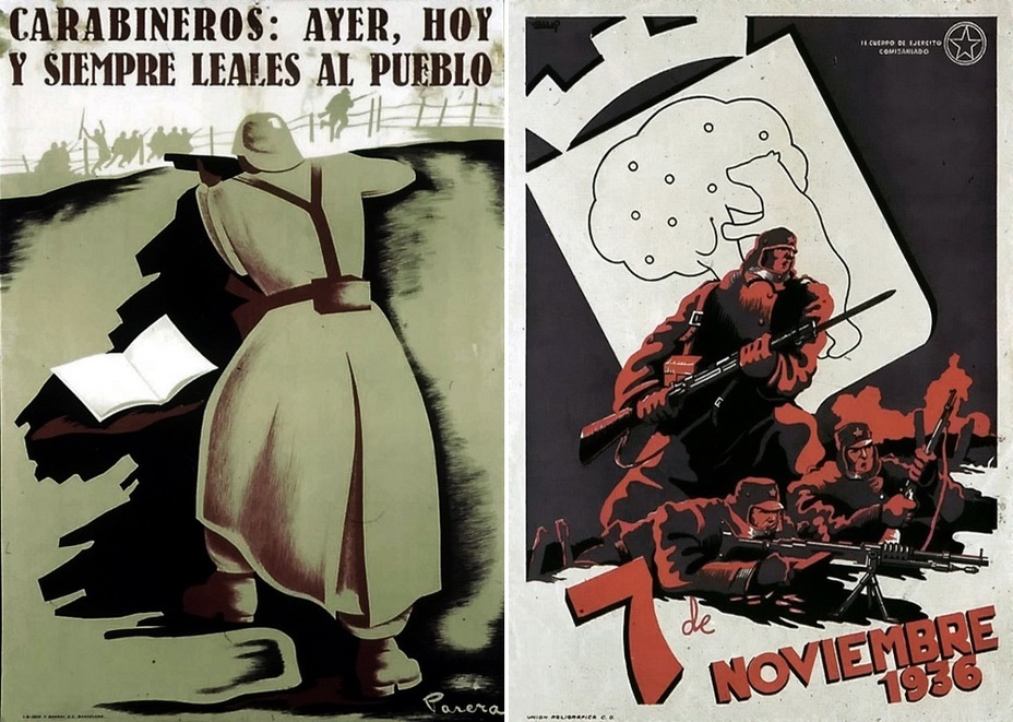 ​The left poster calls on the carabiniers to stay loyal to the people:” Yesterday, today, and always." Since the beginning of the nationalist revolt, the carabiniers were actually split in two parts. The poster on the right is devoted to the first anniversary of the defense of Madrid in the fall of 1936 - Highlights for Warspot: The last romantic war | Warspot.net