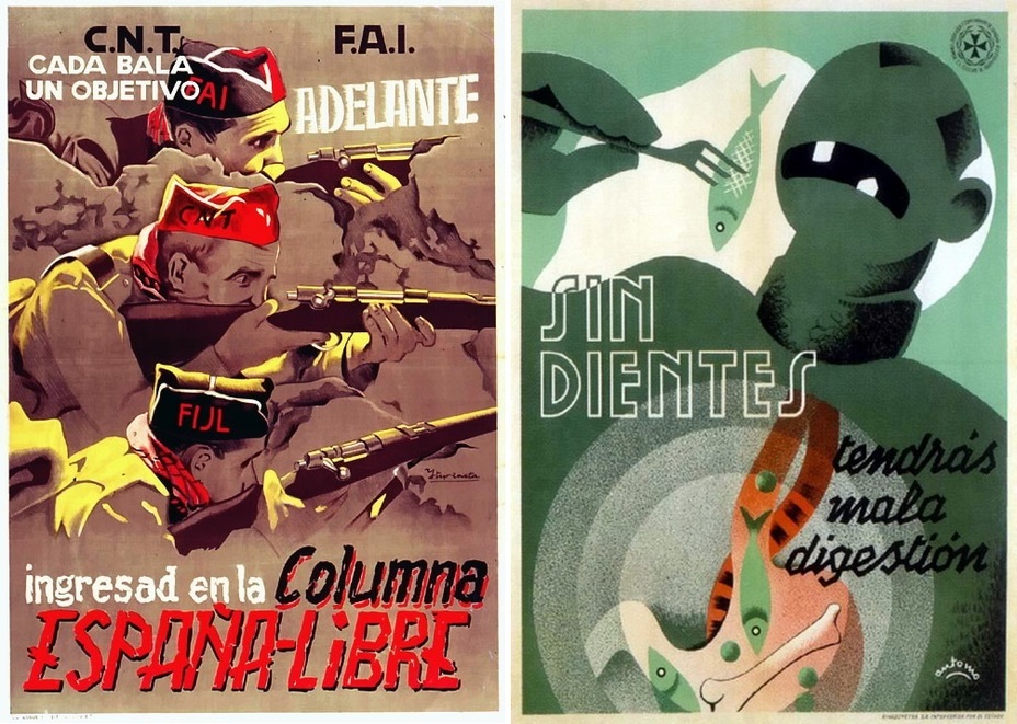 ​On the left, there is another poster highlighting the necessity of creating a united front to confront the Francoists. It depicts fighters from the Iberian Anarchist Federation, the Iberian Federation of Libertarian Youth, and the National Confederation of Labor. On the right, there is a poster of the medical service of the Republican army, reminding that digestion will be bad without teeth! - Highlights for Warspot: The last romantic war | Warspot.net