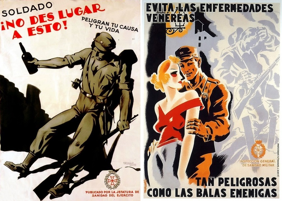 ​Two troubles. On the left: “Soldier! Do not behave like that. Your business and your life are in danger!» On the right, there is a classic poster reminding about how dangerous sexual relations with prostitutes are: «Avoid venereal diseases! They are as dangerous as enemy bullets!» - Highlights for Warspot: The last romantic war | Warspot.net