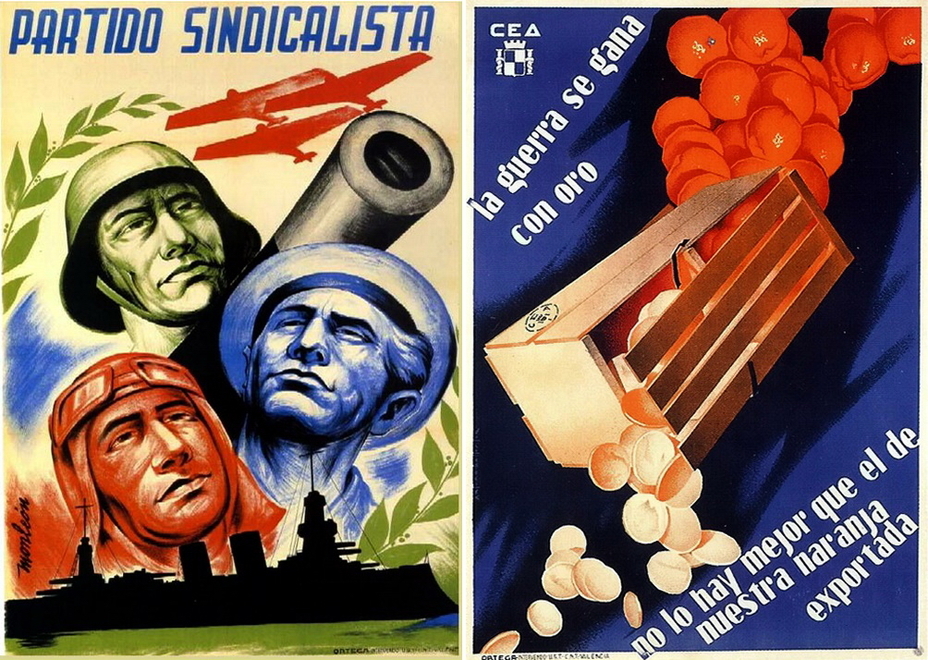 ​On the left, there is a poster of the syndicalist party, which is devoted to the unity of the red pilot, blue sailor, and green infantryman. On the left: “The war is won by gold. We have nothing better than our oranges." The Export Commission informs that oranges can be sold for currency that is acutely needed to support supplies from abroad - Highlights for Warspot: The last romantic war | Warspot.net
