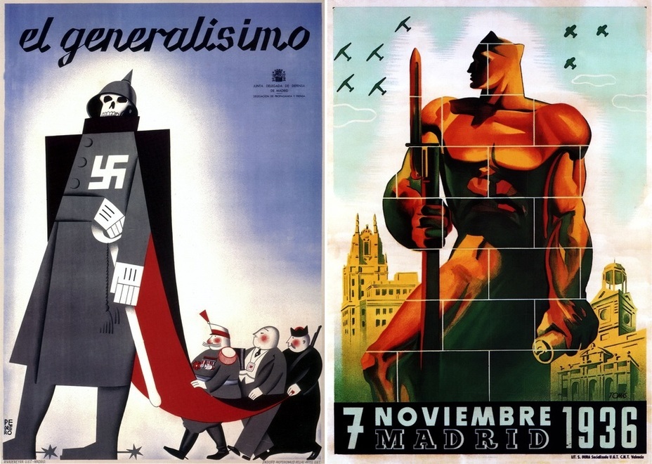 ​On the left, you can see a picture called «Generalissimo». The picture is making fun of Franco; the general, the banker, and the Catholic priest are gripping his greatcoat. The poster on the right is another one devoted to the defenders of Madrid, who fought for the city in the fall of 1936 - Highlights for Warspot: The last romantic war | Warspot.net