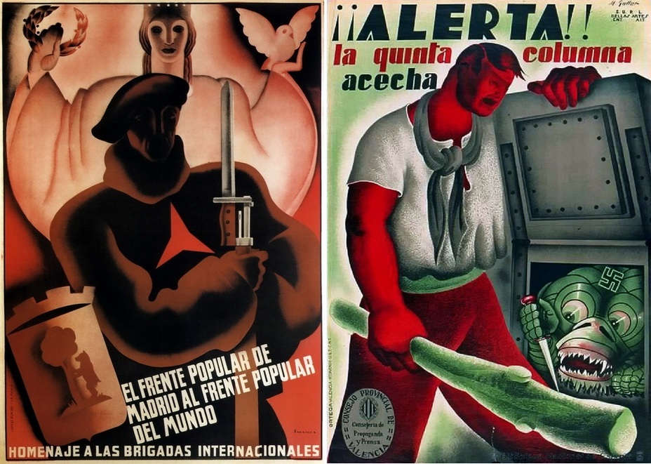 ​On the left: «Madrid’s Popular Front is the Popular Front for Peace." A poster dedicated to the International Brigades that fought for the Spanish capital. The soldier with the insignia of the International Brigades on his chest is standing in the shadow of the allegorical image of the Republic, the coat of arms of Madrid is next to him. On the right, there is a poster devoted to the hidden fifth column. The kind of danger and the place where it is hiding can cause some misunderstandings. What is it? A garbage chute? - Highlights for Warspot: The last romantic war | Warspot.net