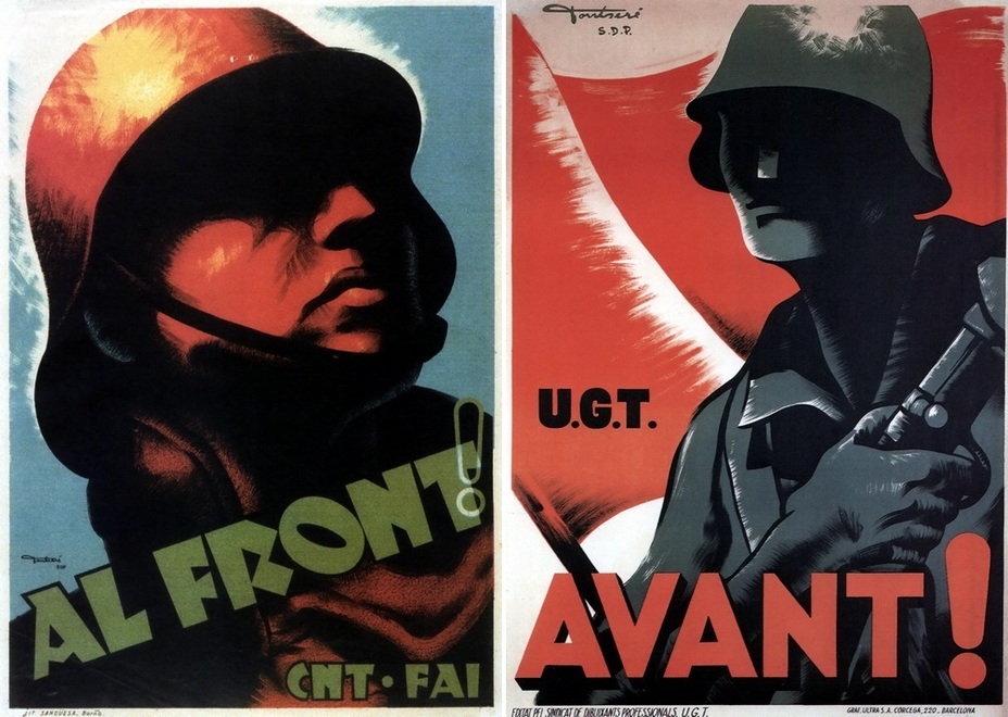 ​Two simple posters. The left picture contains a call to the front from anarchists and anarcho-syndicalists. The right poster was issued by the General Union of Workers - Highlights for Warspot: The last romantic war | Warspot.net