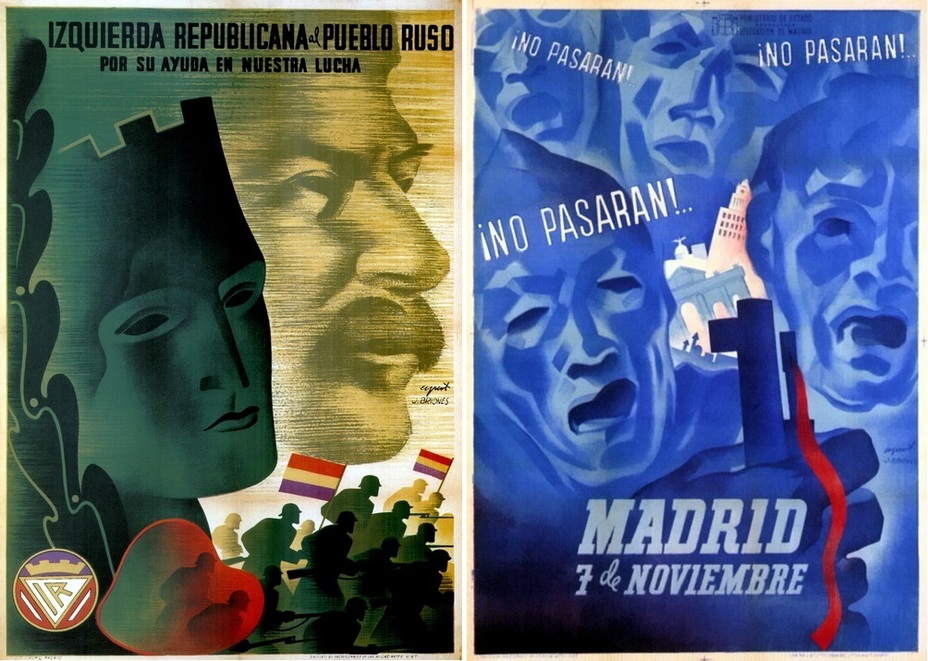 ​On the left: «The Republican Left thanks Soviet people for their help in the fight." Some circumstances forced the relatively moderate Republican Left to print Stalin's mustache on their poster. They would have preferred to portray British and French mustaches, of course, but France and Great Britain remained neutral. On the right: “No pasaran! — They shall not pass!» The most famous words of the Spanish Civil War, and another poster about the defense of Madrid - Highlights for Warspot: The last romantic war | Warspot.net