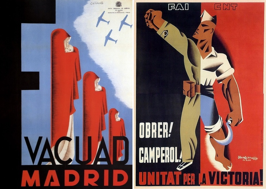 ​The poster on the left encourages citizens to evacuate from Madrid. In the fall of 1936, the city was massively bombed, and several thousand of its inhabitants died. On the right: “Worker! Peasant! Unite for the sake of victory!» The poster in red and black from FAI and CNT anarchists - Highlights for Warspot: The last romantic war | Warspot.net